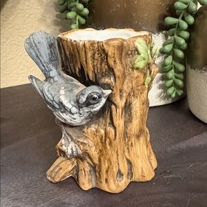 Porcelain Planter Bird and Tree Stump Figurine Vase